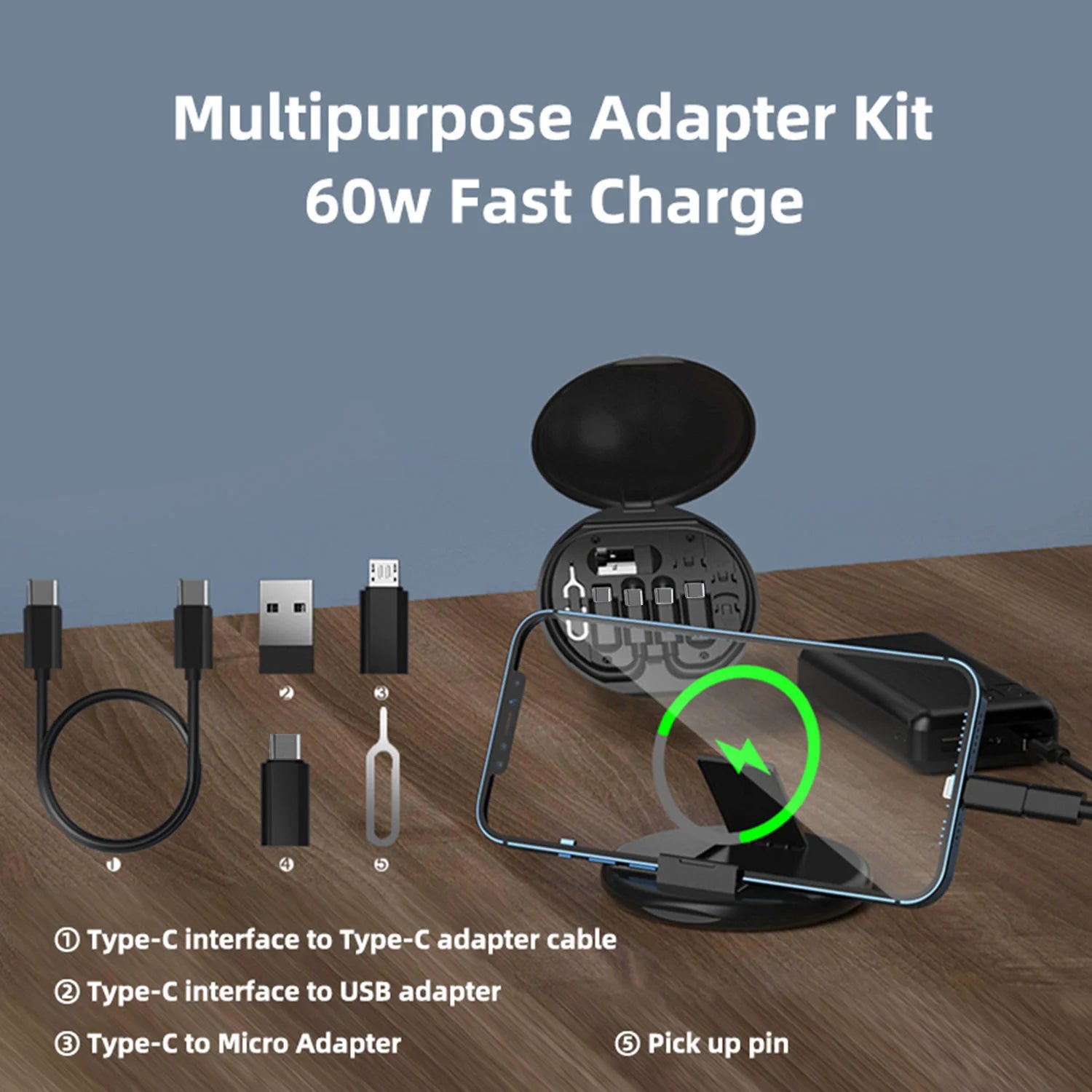 Portable Multifunctional Data Cable Storage Box with 60W Fast Charging Mobile Phone Holder and Multi-Head Conversion Set