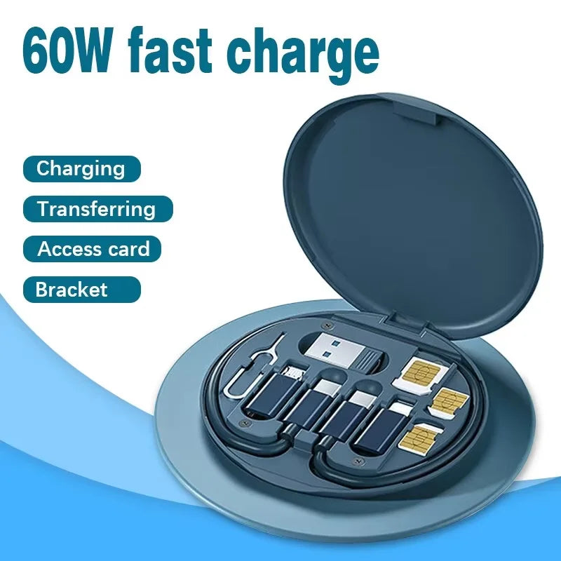 Portable Multifunctional Data Cable Storage Box with 60W Fast Charging Mobile Phone Holder and Multi-Head Conversion Set
