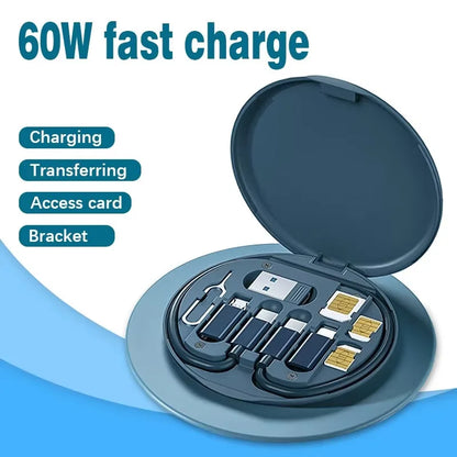 Portable Multifunctional Data Cable Storage Box with 60W Fast Charging Mobile Phone Holder and Multi-Head Conversion Set
